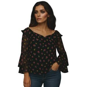 Johnny Was Jade Fernanda Peasant Sheer Blouse Silk Floral Ruffle Long Sleeve